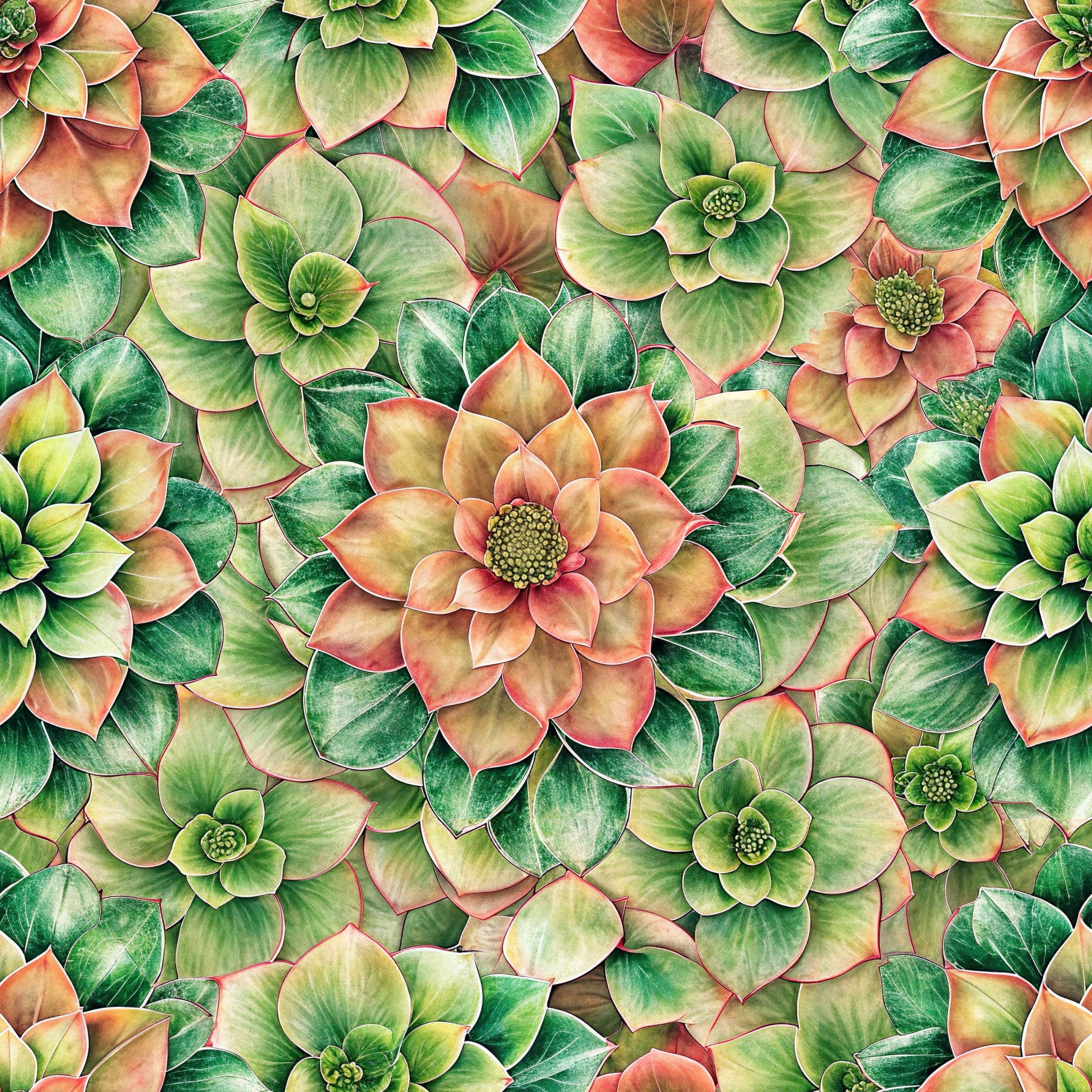 forest green, coral pink, sage green, lime green, peachy orange, euphorbia flowers, succulent pattern, botanical design, floral motif, layered petals, nature inspired,, fabric panel, watercolor style, artistic rendering, garden theme, spring colors, seamless pattern, dense floral, realistic flowers