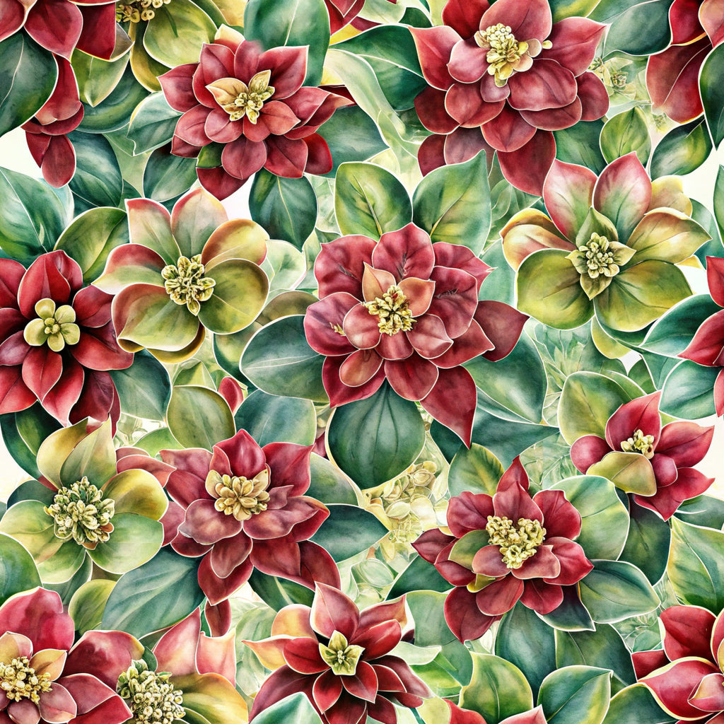 beautiful flowers, euphorbia blooms, burgundy red, forest green, golden yellow, cream petals, watercolor style, botanical pattern, floral design,, fabric panel, layered petals, nature motif, seamless repeat, artistic florals, soft shading, multi-colored blooms, garden flowers, crafting fabric