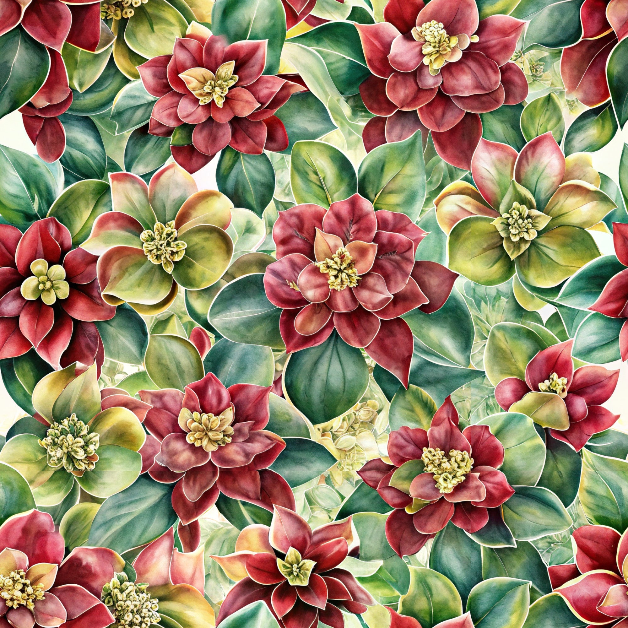 beautiful flowers, euphorbia blooms, burgundy red, forest green, golden yellow, cream petals, watercolor style, botanical pattern, floral design,, fabric panel, layered petals, nature motif, seamless repeat, artistic florals, soft shading, multi-colored blooms, garden flowers, crafting fabric