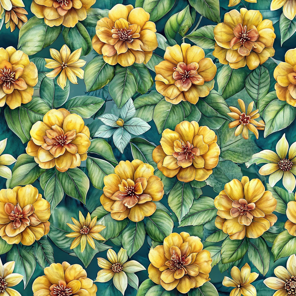 golden yellow flowers, teal background, green leaves, floral pattern, botanical design, euphorbias, layered petals,, fabric panel, tropical blooms, watercolor style, seamless repeat, nature motif, craft fabric, sewing material, vibrant florals, decorative flowers, artistic rendering, quilting project, cotton textile
