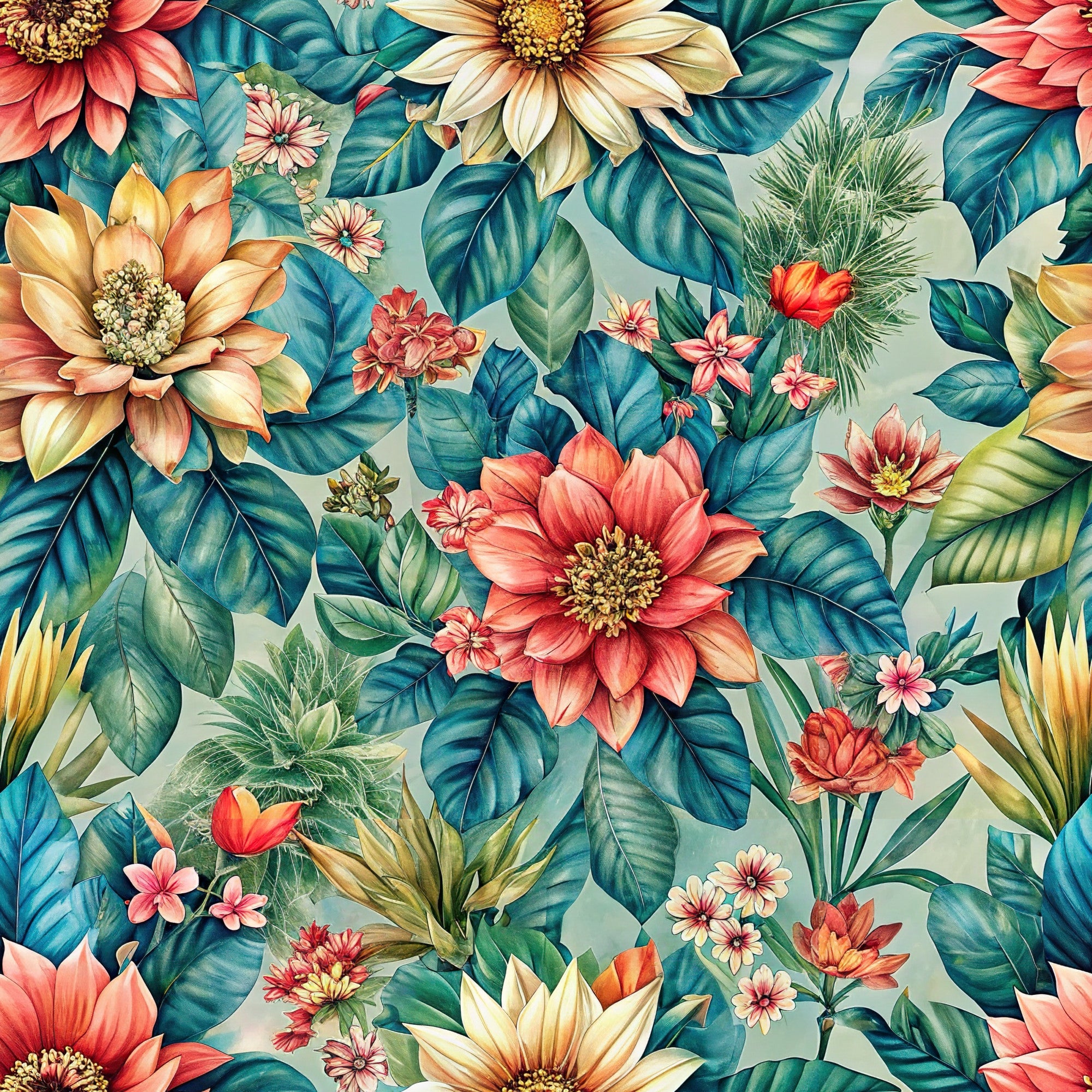 tropical flowers, coral blooms, teal leaves, cream background, botanical pattern, large florals,, fabric panel, watercolor style, exotic petals, golden centers, pink blossoms, green foliage, floral motifs, nature design, vibrant colors, tropical paradise, blooming flowers, artistic rendering, cotton fabric