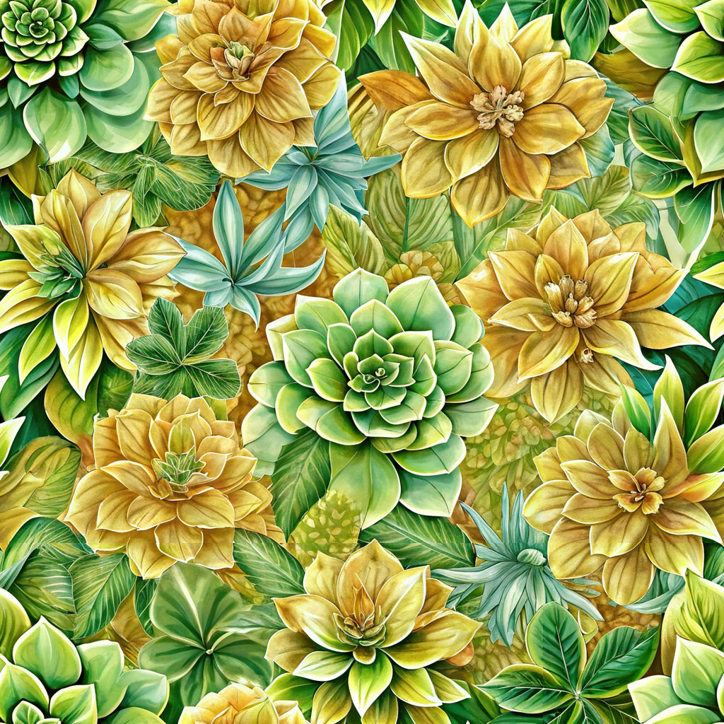 floral pattern, yellow flowers, green leaves, euphorbia, succulent plants, botanical design, golden blooms, lime green, forest green, teal accents, layered petals, nature motif,, fabric panel, tropical plants, dense floral, vibrant colors, garden theme, artistic illustration, seamless repeat