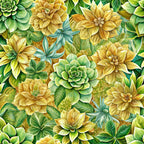 floral pattern, yellow flowers, green leaves, euphorbia, succulent plants, botanical design, golden blooms, lime green, forest green, teal accents, layered petals, nature motif,, fabric panel, tropical plants, dense floral, vibrant colors, garden theme, artistic illustration, seamless repeat