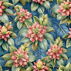 coral pink flowers, navy blue background, tropical leaves, botanical pattern, euphorbia blooms, green foliage,, fabric panel, floral design, exotic flowers, layered petals, naturalistic style, vibrant colors, repeating motif, textile print, crafting material, sewing fabric, botanical illustration, tropical theme, decorative florals
