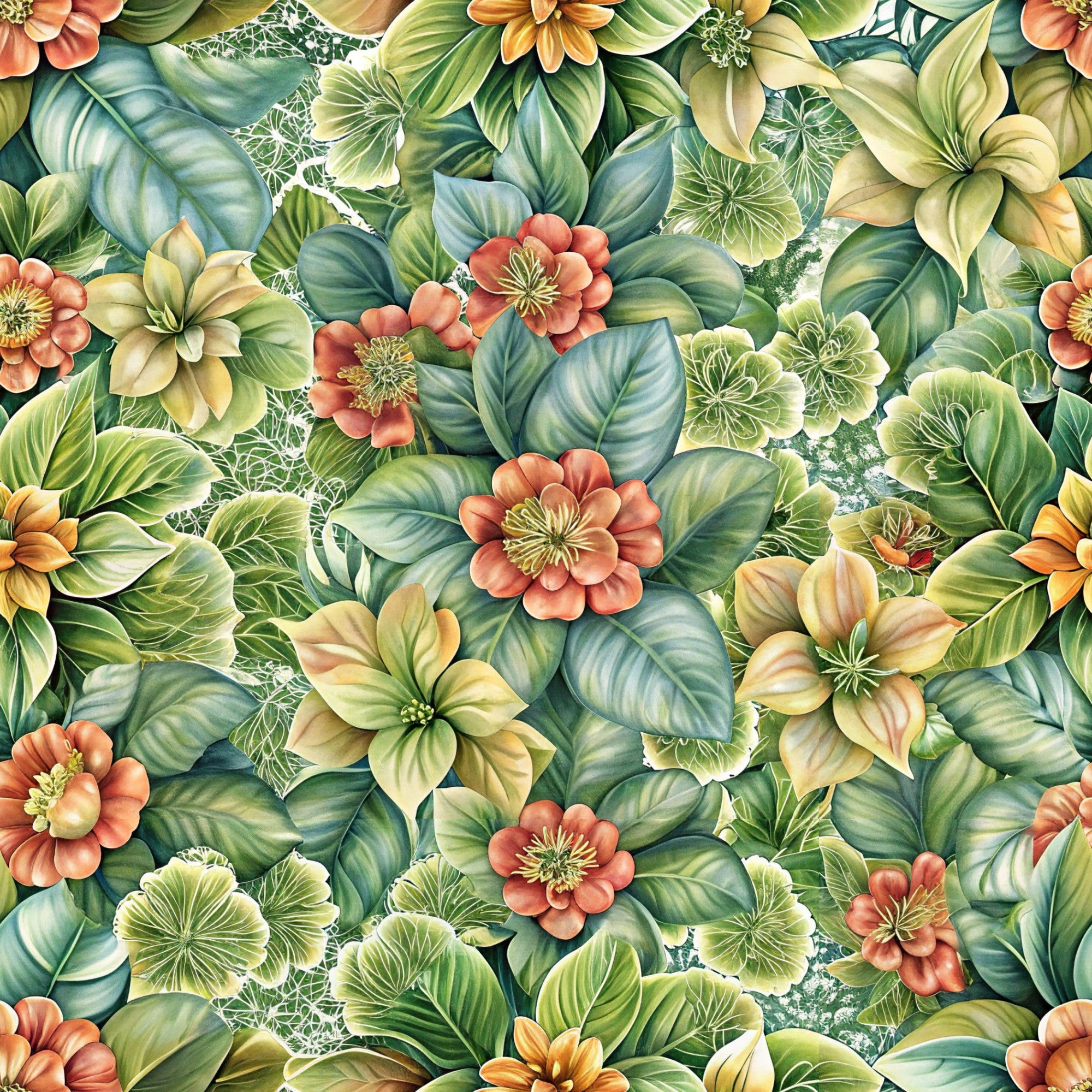 botanical floral, euphorbia flowers, coral blooms, sage green leaves, teal foliage, cream petals, orange flowers, tropical pattern, lush foliage,, fabric panel, nature motif, detailed illustration, layered botanicals, realistic flowers, garden theme, flowing design, organic shapes, vintage botanical, dense florals