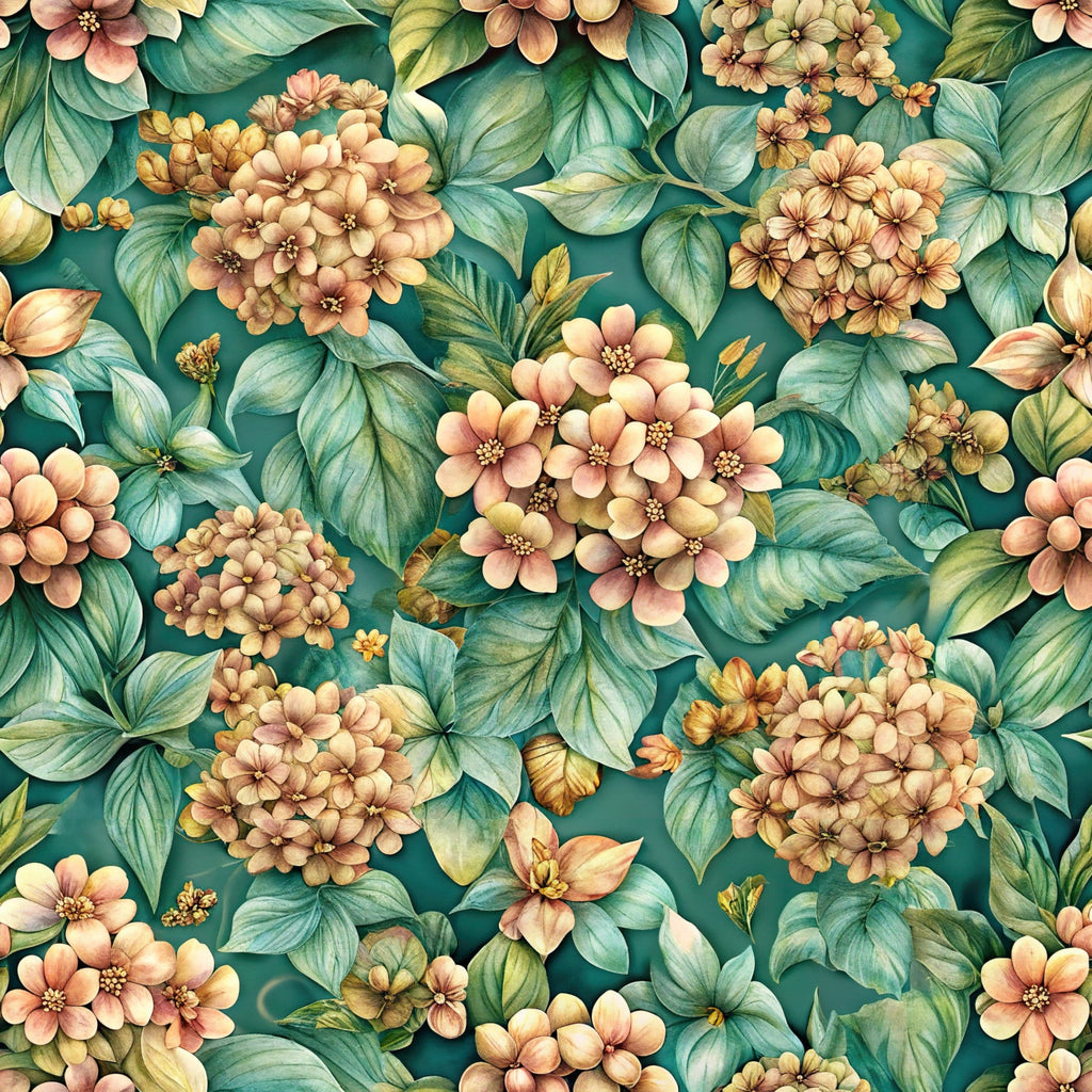 teal background, coral flowers, peach blooms, sage green leaves, floral pattern, botanical design, hydrangea clusters, small blossoms, vintage style, romantic mood,, fabric panel, spring flowers, nature motif, soft pastels, detailed florals, seamless repeat, garden theme, watercolor effect