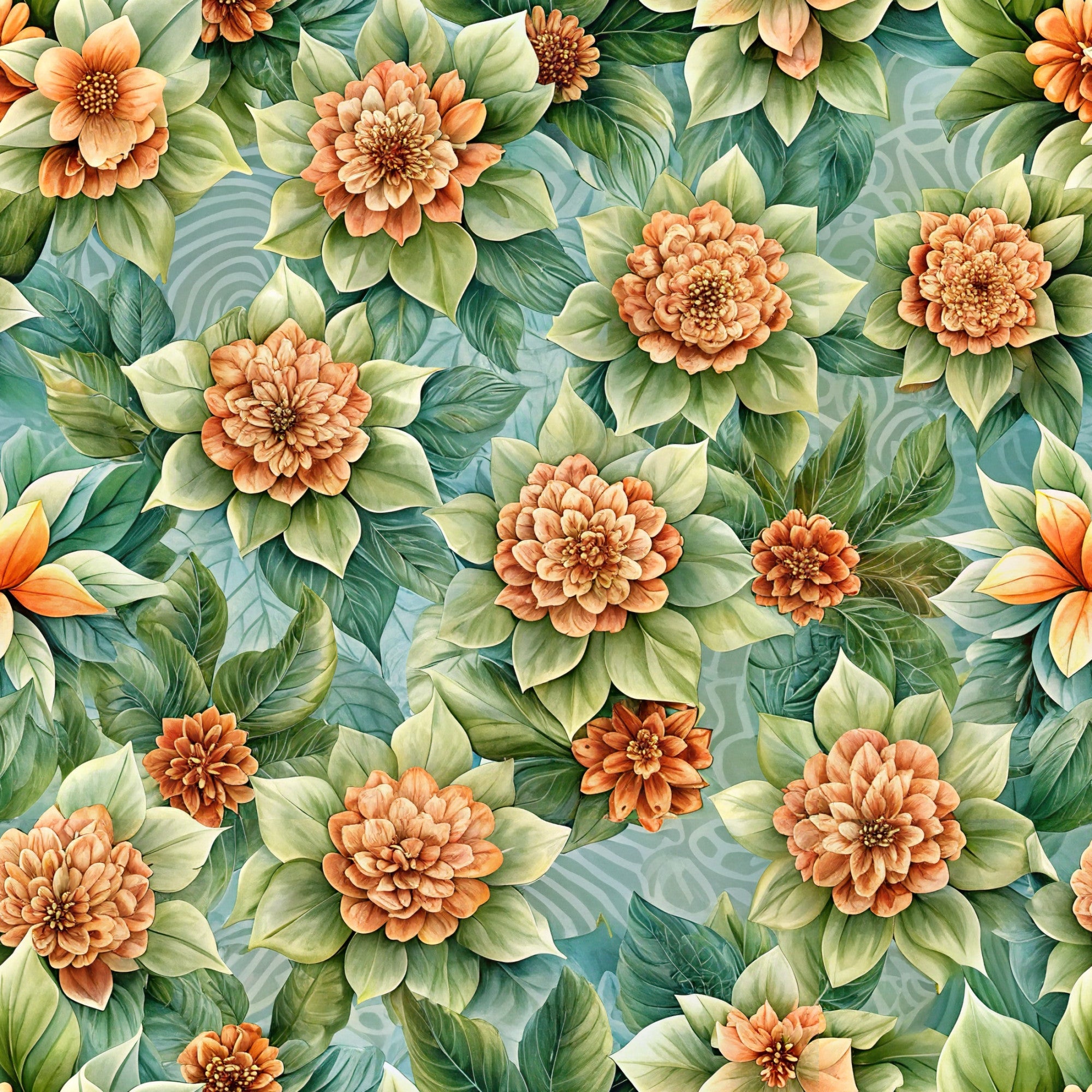 coral flowers, peach blooms, green leaves, botanical pattern, floral design,, fabric panel, tropical foliage, orange petals, sage green, teal background, dahlia flowers, layered petals, nature motif, garden theme, warm colors, cool tones, detailed illustration, seamless repeat, botanical art
