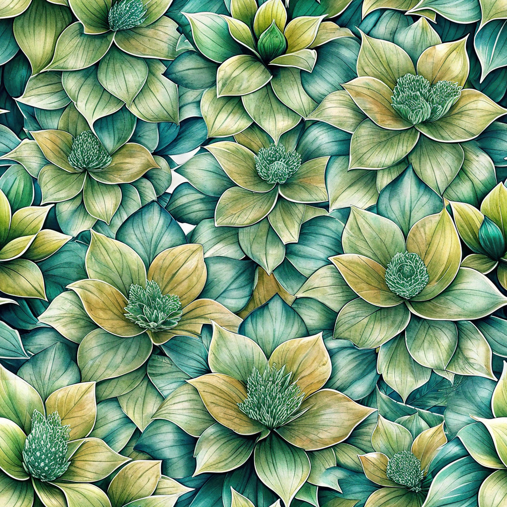 green flowers, teal petals, sage green, botanical pattern, euphorbia blooms, floral design,, fabric panel, nature motif, layered petals, seamless repeat, artistic illustration, garden flowers, botanical art, crafting material, sewing fabric, decorative blooms, natural colors, organic pattern, textile design