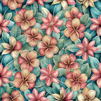 tropical flowers, plumeria blooms, coral pink, teal blue, golden yellow, cream white, botanical pattern, hawaiian florals, watercolor style, seamless design,, fabric panel, five petal flowers, lush foliage, paradise theme, summer vibes, floral motifs, soft pastels, tropical paradise, euphoric blossoms