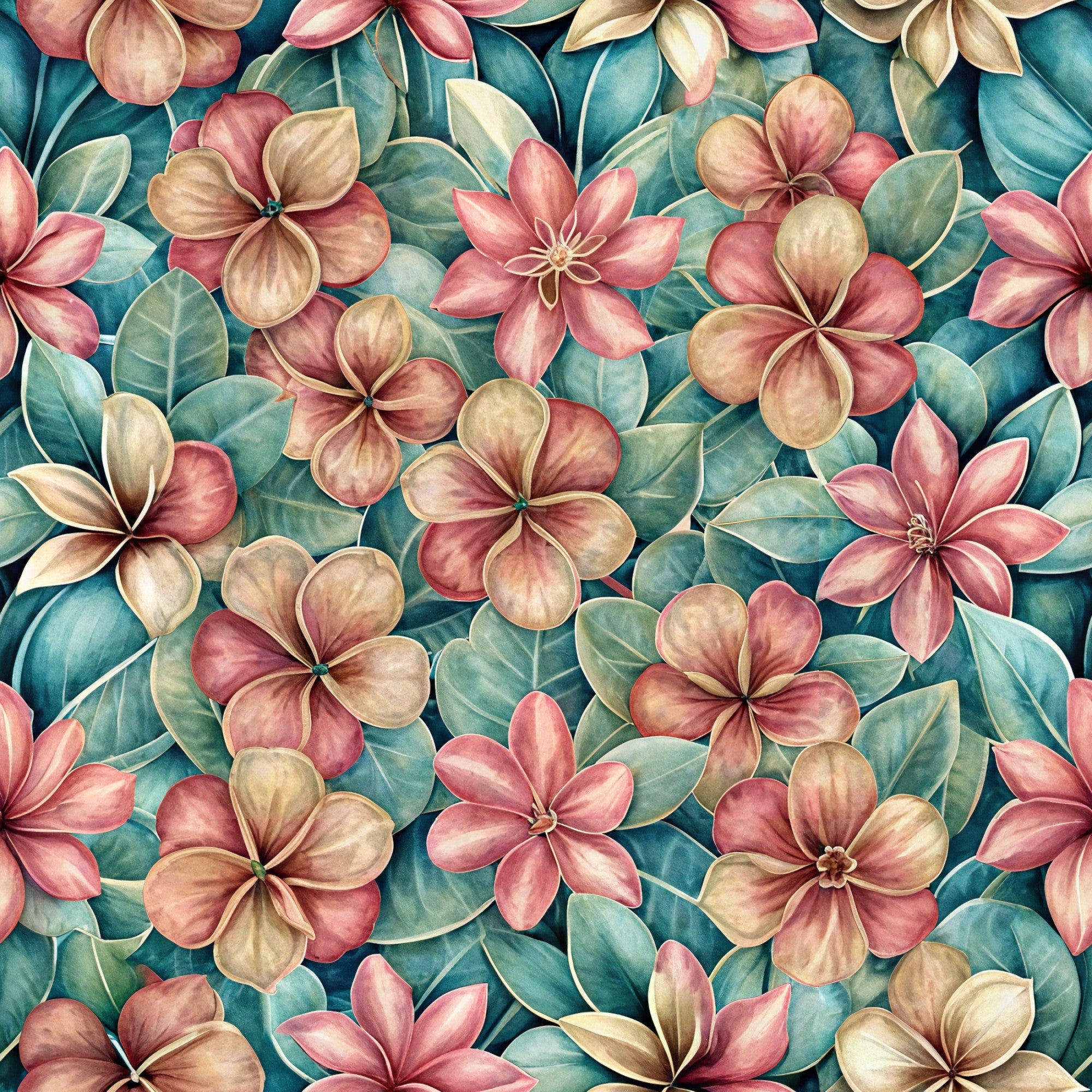 tropical flowers, plumeria blooms, coral pink, teal blue, golden yellow, cream white, botanical pattern, hawaiian florals, watercolor style, seamless design,, fabric panel, five petal flowers, lush foliage, paradise theme, summer vibes, floral motifs, soft pastels, tropical paradise, euphoric blossoms