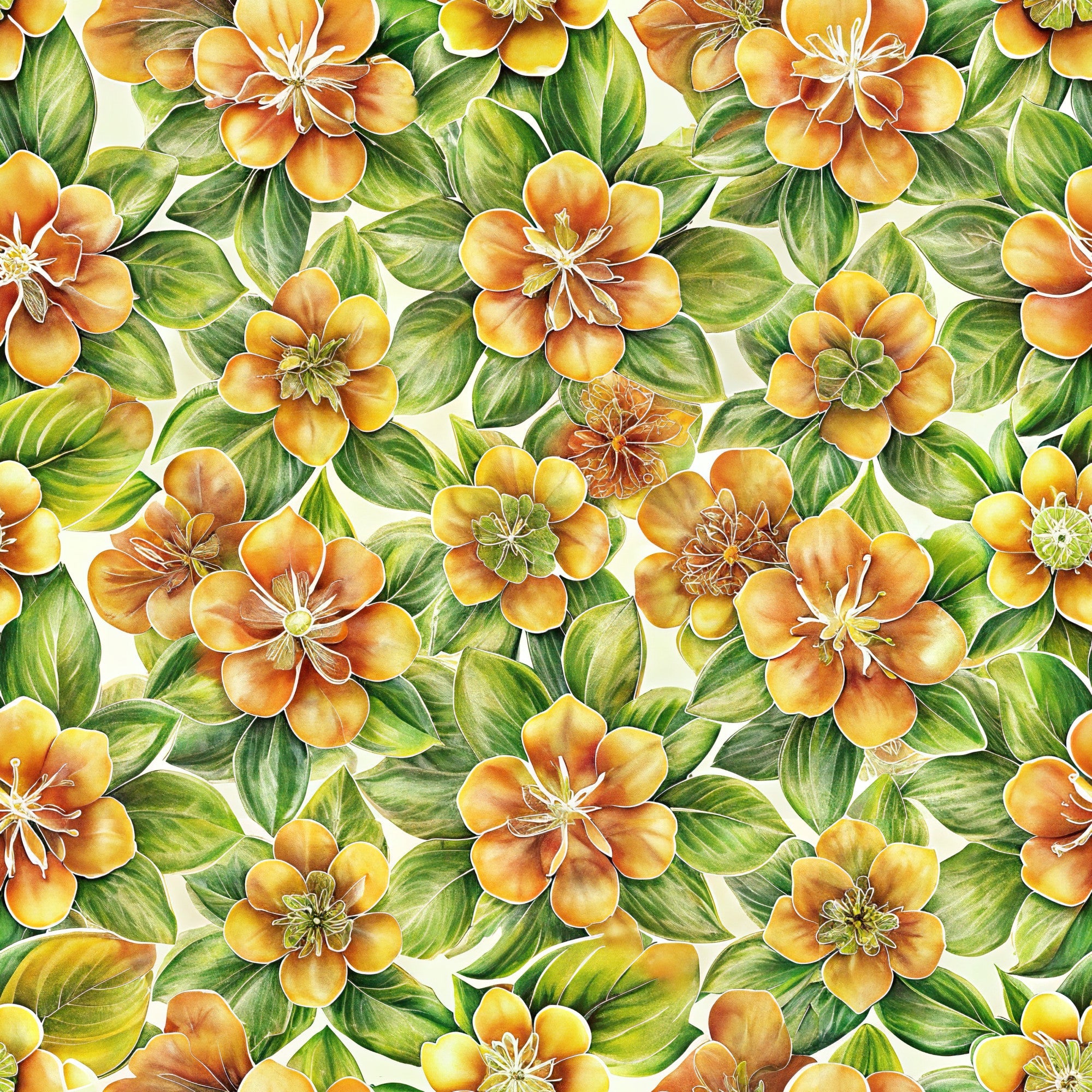 orange flowers, golden yellow, green leaves, botanical pattern, tropical blooms, floral design,, fabric panel, seamless repeat, watercolor style, hibiscus flowers, leafy foliage, warm tones, summer vibes, nature motif, tropical paradise, artistic florals, vibrant botanicals, garden flowers, flowing pattern