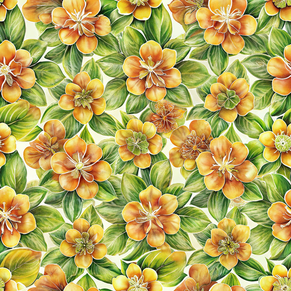 orange flowers, golden yellow, green leaves, botanical pattern, tropical blooms, floral design,, fabric panel, seamless repeat, watercolor style, hibiscus flowers, leafy foliage, warm tones, summer vibes, nature motif, tropical paradise, artistic florals, vibrant botanicals, garden flowers, flowing pattern