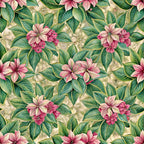pink flowers, green leaves, tropical blooms, botanical pattern, floral design,, fabric panel, coral pink, emerald green, cream background, euphorbia flowers, lush foliage, tropical paradise, nature motif, seamless repeat, vibrant colors, garden flowers, spring blooms, botanical illustration, tropical style