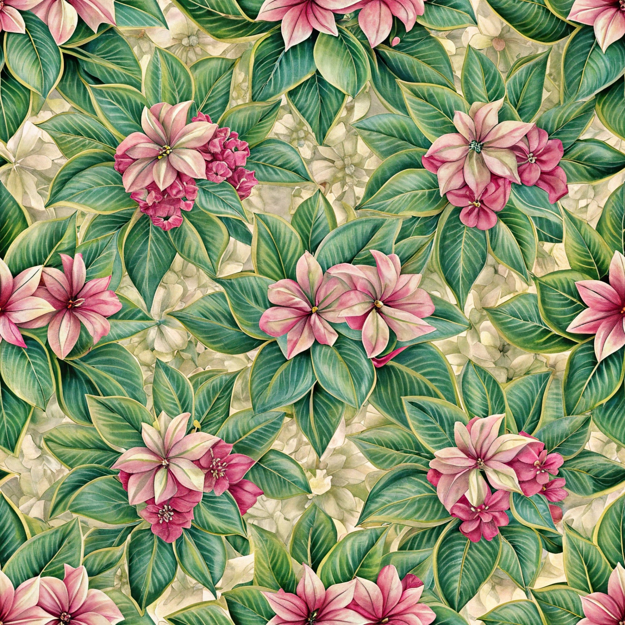 pink flowers, green leaves, tropical blooms, botanical pattern, floral design,, fabric panel, coral pink, emerald green, cream background, euphorbia flowers, lush foliage, tropical paradise, nature motif, seamless repeat, vibrant colors, garden flowers, spring blooms, botanical illustration, tropical style