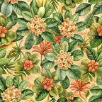 beautiful flowers, euphorbia blooms, tropical pattern, coral flowers, peach blossoms, green foliage, lush leaves, botanical design, floral clusters, warm colors, orange petals, cream background, nature motif,, fabric panel, tropical vibes, garden flowers, spring blooms, vibrant florals, repeating pattern