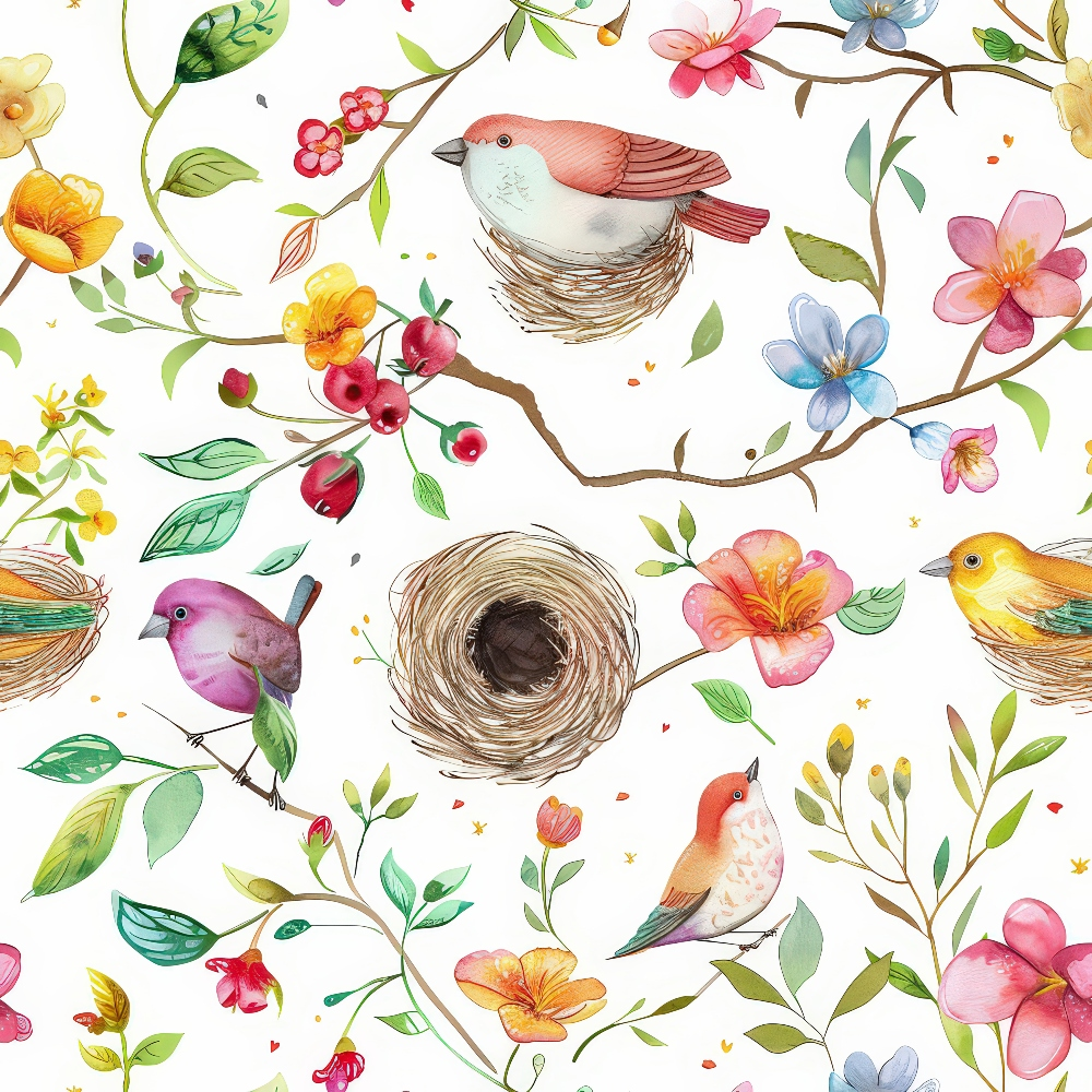 birds, nests, flowers, watercolor style, pink, yellow, blue, green, coral, floral branches, songbirds, botanical, spring theme,, fabric panel, delicate artwork, nature motif, pastel colors, blooming flowers, whimsical birds