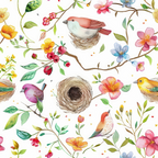 birds, nests, flowers, watercolor style, pink, yellow, blue, green, coral, floral branches, songbirds, botanical, spring theme,, fabric panel, delicate artwork, nature motif, pastel colors, blooming flowers, whimsical birds