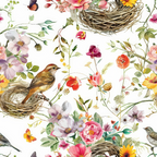 birds, nests, flowers, botanical, watercolor style, pink roses, purple blooms, yellow flowers, green leaves, butterflies, sparrows, woven nests, floral pattern, spring theme, nature motif,, fabric panel, delicate artwork, pastel colors, garden scene