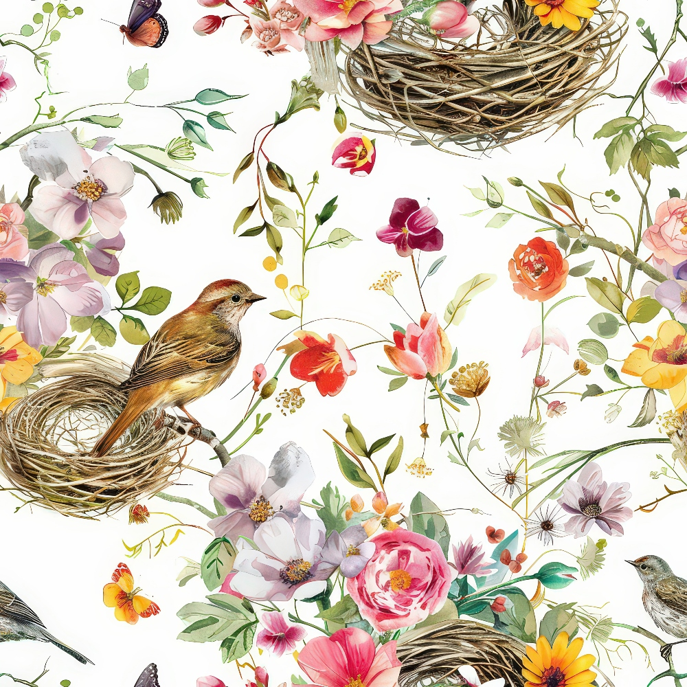 birds, nests, flowers, botanical, watercolor style, pink roses, purple blooms, yellow flowers, green leaves, butterflies, sparrows, woven nests, floral pattern, spring theme, nature motif,, fabric panel, delicate artwork, pastel colors, garden scene
