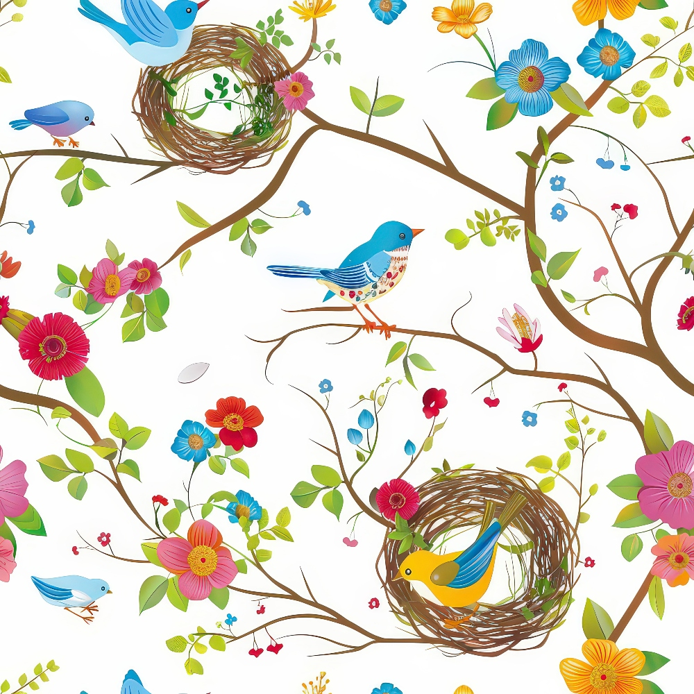 birds, nest, flowers, blue birds, pink flowers, orange flowers, tree branches, floral pattern, spring theme, nature design,, fabric panel, colorful blooms, songbirds, botanical print, cheerful pattern, bright colors, whimsical style, garden scene, flying birds