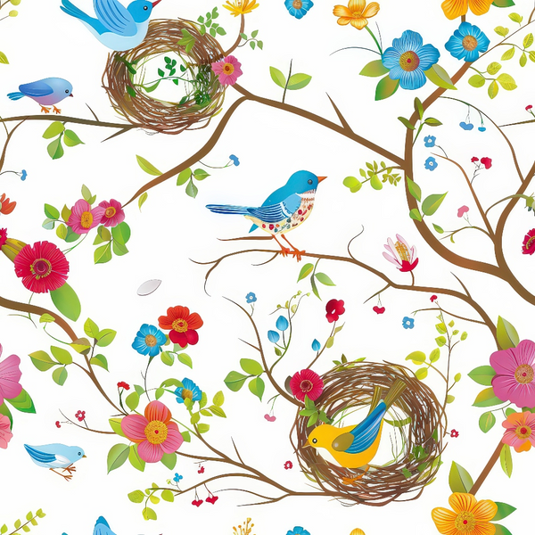 birds, nest, flowers, blue birds, pink flowers, orange flowers, tree branches, floral pattern, spring theme, nature design,, fabric panel, colorful blooms, songbirds, botanical print, cheerful pattern, bright colors, whimsical style, garden scene, flying birds