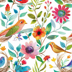birds, flowers, nest, branches, colorful, pink, orange, blue, green, yellow, floral pattern, nature scene, whimsical, folk art style,, fabric panel, botanical, songbirds, spring theme, cheerful