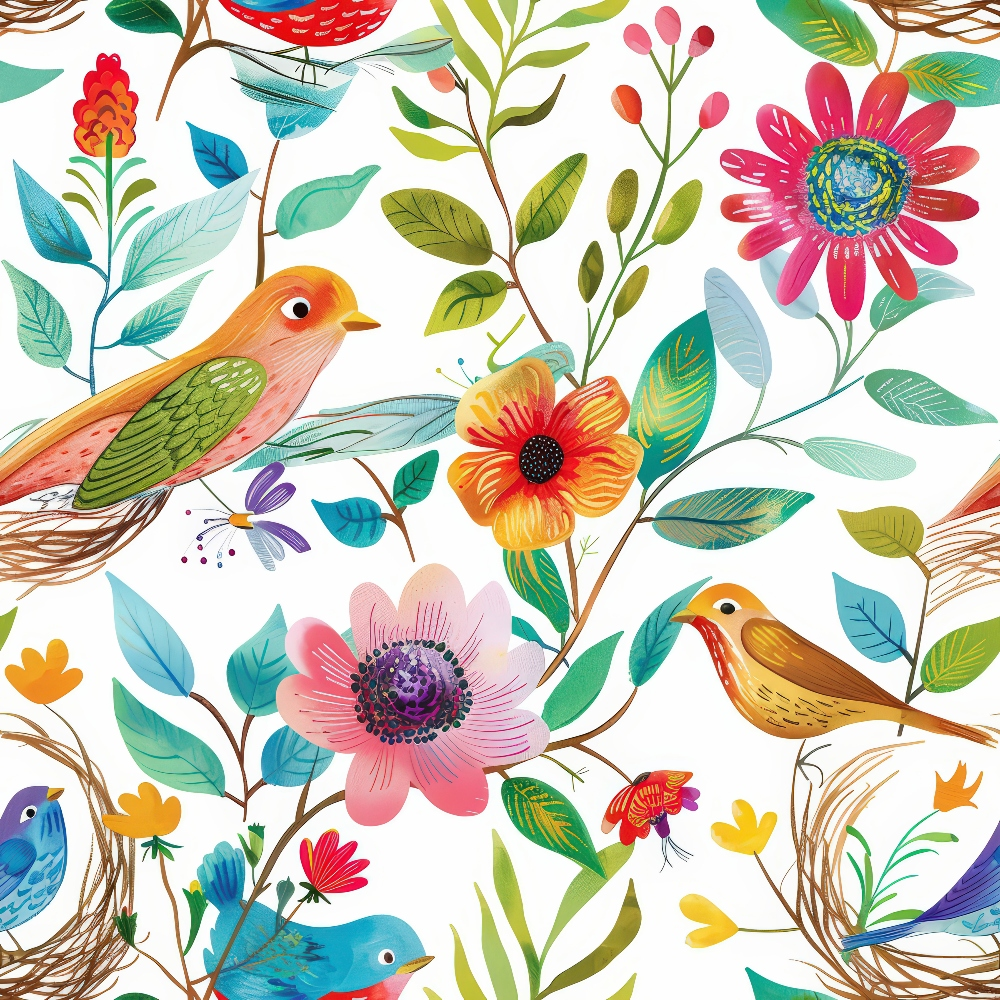 birds, flowers, nest, branches, colorful, pink, orange, blue, green, yellow, floral pattern, nature scene, whimsical, folk art style,, fabric panel, botanical, songbirds, spring theme, cheerful
