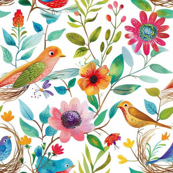 birds, flowers, nest, branches, colorful, pink, orange, blue, green, yellow, floral pattern, nature scene, whimsical, folk art style,, fabric panel, botanical, songbirds, spring theme, cheerful