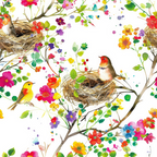 birds, nests, flowers, colorful, vibrant, pink, yellow, red, blue, green, orange, purple, floral pattern, nature scene, spring theme, watercolor style,, fabric panel, botanical design, cheerful, whimsical, branches, leaves, blooms, artistic illustration