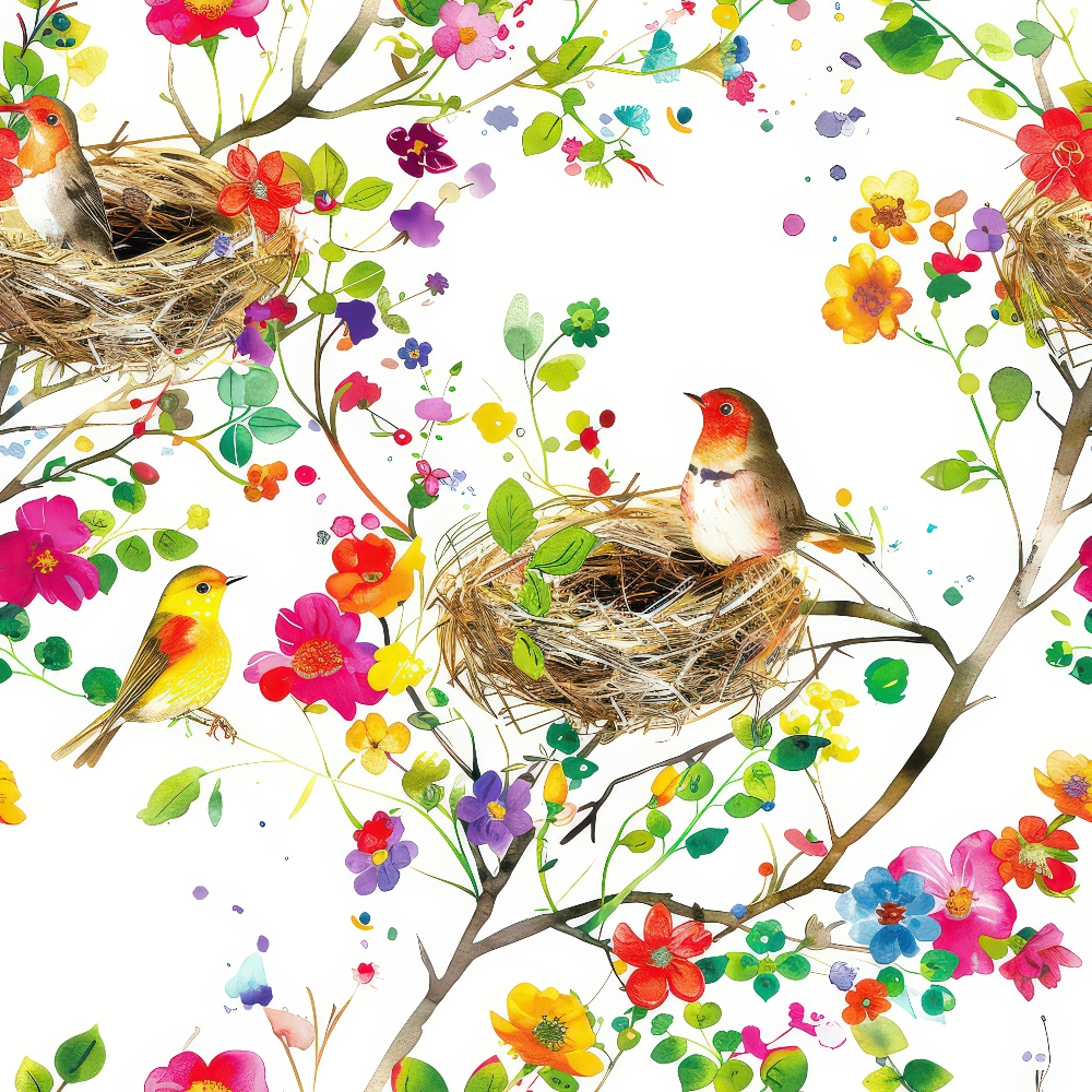 birds, nests, flowers, colorful, vibrant, pink, yellow, red, blue, green, orange, purple, floral pattern, nature scene, spring theme, watercolor style,, fabric panel, botanical design, cheerful, whimsical, branches, leaves, blooms, artistic illustration