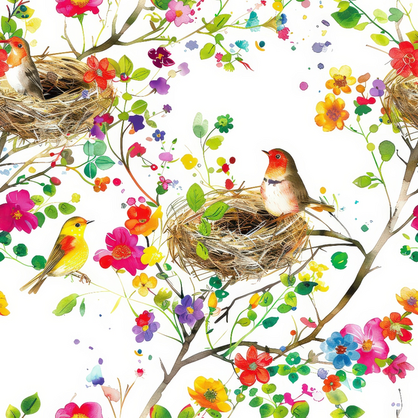 birds, nests, flowers, colorful, vibrant, pink, yellow, red, blue, green, orange, purple, floral pattern, nature scene, spring theme, watercolor style,, fabric panel, botanical design, cheerful, whimsical, branches, leaves, blooms, artistic illustration