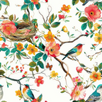 birds, nest, flowers, pink flowers, orange flowers, yellow flowers, coral blooms, teal birds, hummingbirds, songbirds, green leaves, branches, twigs, butterfly, floral pattern, botanical design, nature scene, spring motif,, fabric panel, whimsical illustration, detailed artwork, bright colors, cheerful mood