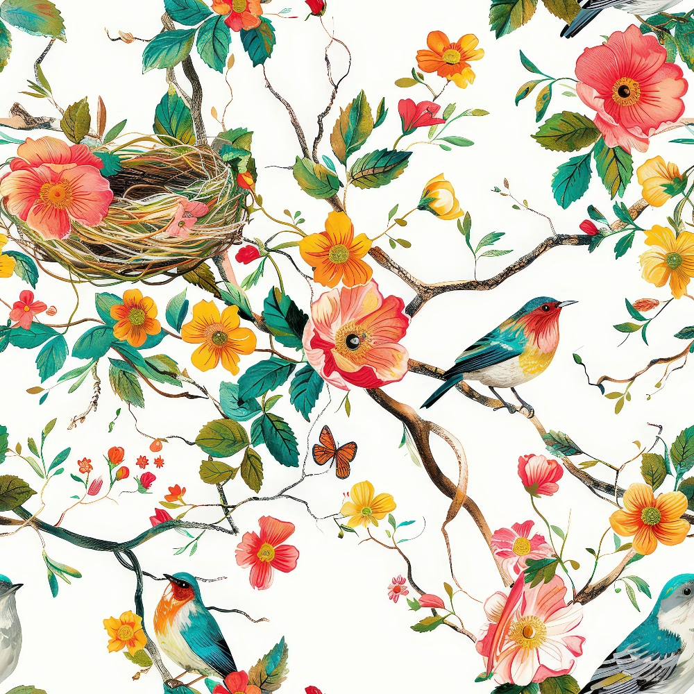 birds, nest, flowers, pink flowers, orange flowers, yellow flowers, coral blooms, teal birds, hummingbirds, songbirds, green leaves, branches, twigs, butterfly, floral pattern, botanical design, nature scene, spring motif,, fabric panel, whimsical illustration, detailed artwork, bright colors, cheerful mood