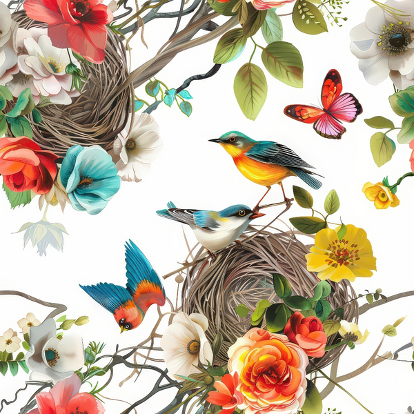 birds nest, colorful flowers, butterfly, songbirds, coral pink, turquoise blue, yellow blooms, white flowers, green leaves, brown twigs,, fabric panel, floral pattern, nature scene, spring theme, botanical design, vibrant colors, delicate illustration, garden motif, mixed media style