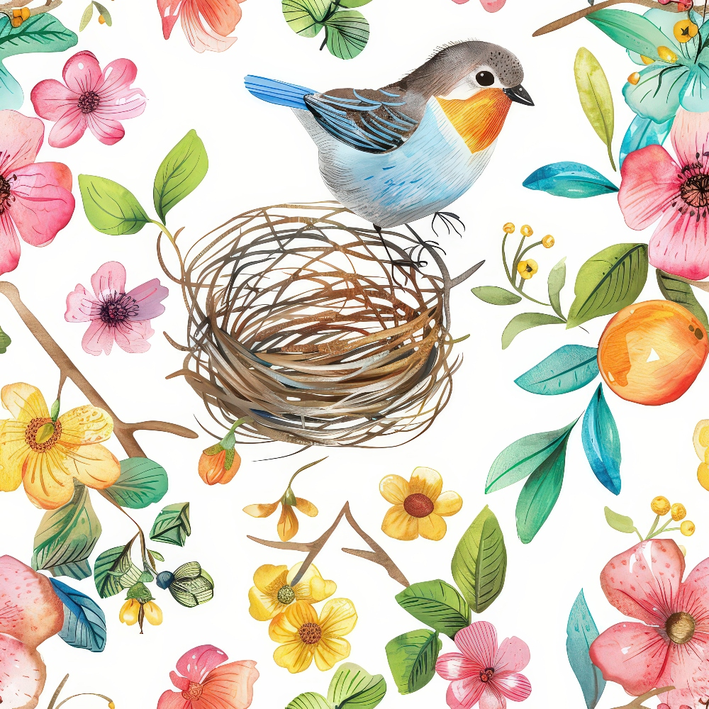 bird nest, watercolor flowers, small songbird, pink blooms, yellow flowers, green leaves, orange fruit, blue feathers, floral pattern, nature scene, spring theme, botanical illustration,, fabric panel, delicate artwork, pastel colors, whimsical design, garden motif, twiggy nest, coral petals