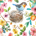 bird nest, watercolor flowers, small songbird, pink blooms, yellow flowers, green leaves, orange fruit, blue feathers, floral pattern, nature scene, spring theme, botanical illustration,, fabric panel, delicate artwork, pastel colors, whimsical design, garden motif, twiggy nest, coral petals