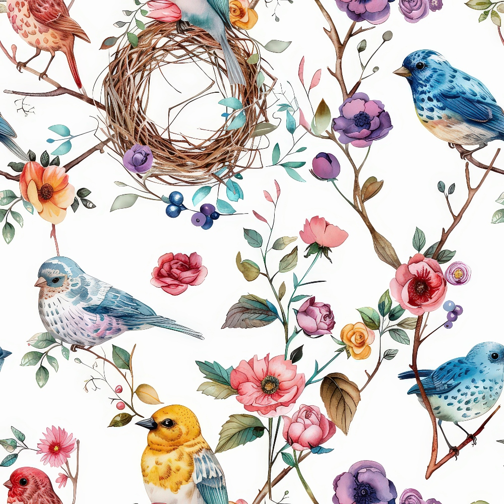 birds, nest, flowers, floral, blue birds, yellow bird, pink bird, watercolor style, botanical, branches, twigs, pink roses, purple flowers, orange blooms, berries, leaves, foliage, nature pattern,, fabric panel, spring theme, garden motif, delicate artwork, soft colors, pastel tones
