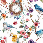 birds, nest, flowers, floral, blue birds, yellow bird, pink bird, watercolor style, botanical, branches, twigs, pink roses, purple flowers, orange blooms, berries, leaves, foliage, nature pattern,, fabric panel, spring theme, garden motif, delicate artwork, soft colors, pastel tones
