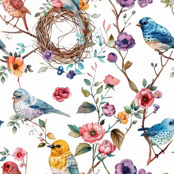 birds, nest, flowers, floral, blue birds, yellow bird, pink bird, watercolor style, botanical, branches, twigs, pink roses, purple flowers, orange blooms, berries, leaves, foliage, nature pattern,, fabric panel, spring theme, garden motif, delicate artwork, soft colors, pastel tones