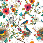 birds, nests, flowers, branches, leaves, red, orange, pink, white, blue, teal, green, purple, floral pattern, nature scene, botanical design, colorful birds, blooming flowers,, fabric panel, spring theme, garden motif, whimsical style, bright colors, detailed illustration