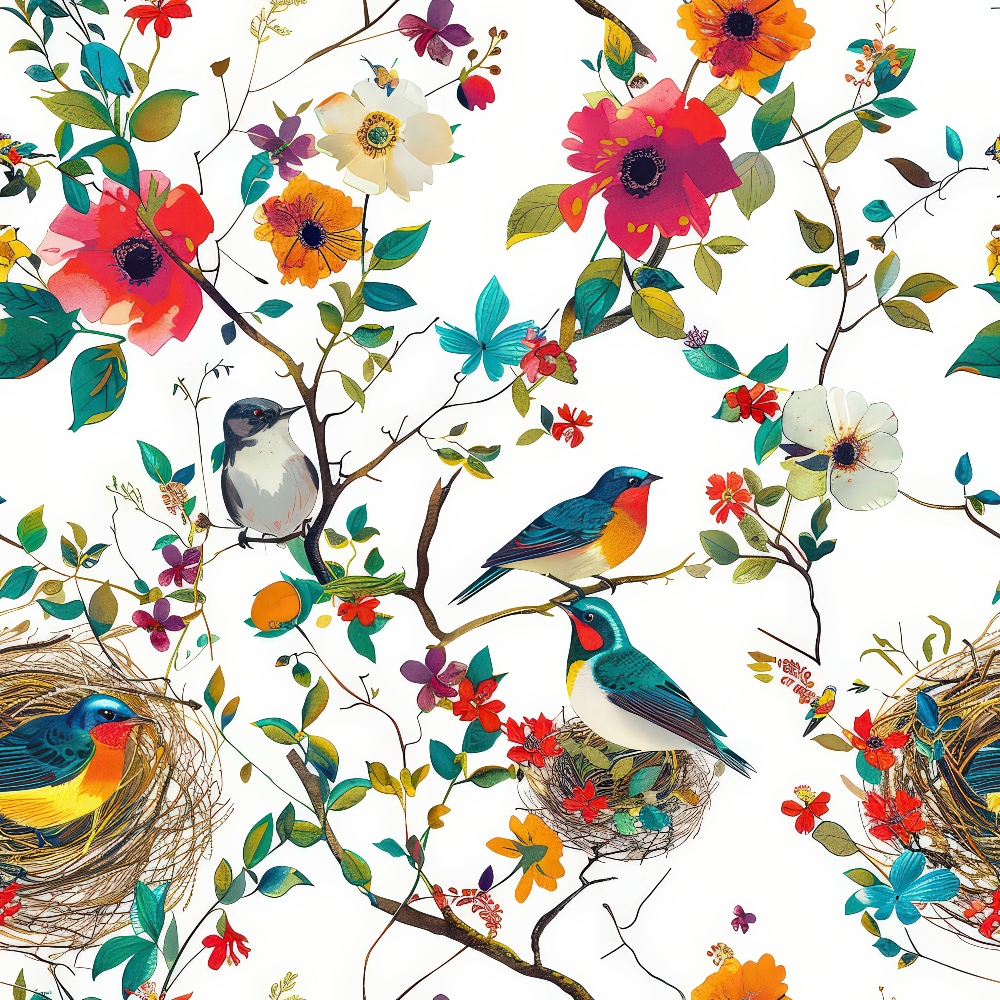 birds, nests, flowers, branches, leaves, red, orange, pink, white, blue, teal, green, purple, floral pattern, nature scene, botanical design, colorful birds, blooming flowers,, fabric panel, spring theme, garden motif, whimsical style, bright colors, detailed illustration