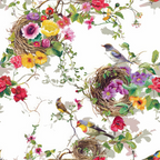 birds, nests, flowers, floral pattern, pink, yellow, purple, red, green, brown, white background,, fabric panel, songbirds, botanical, woven nests, colorful blooms, nature theme, spring motif, vibrant colors, garden birds, twigs, leaves