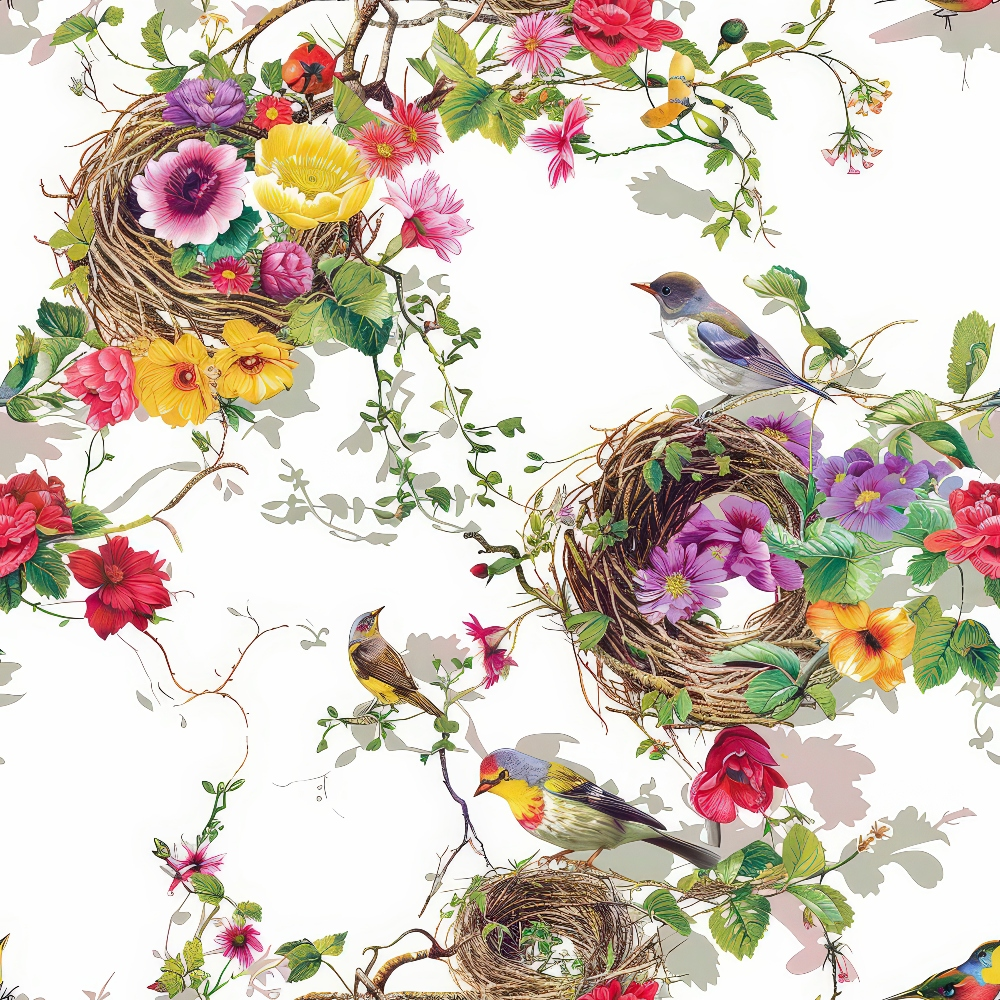 birds, nests, flowers, floral pattern, pink, yellow, purple, red, green, brown, white background,, fabric panel, songbirds, botanical, woven nests, colorful blooms, nature theme, spring motif, vibrant colors, garden birds, twigs, leaves