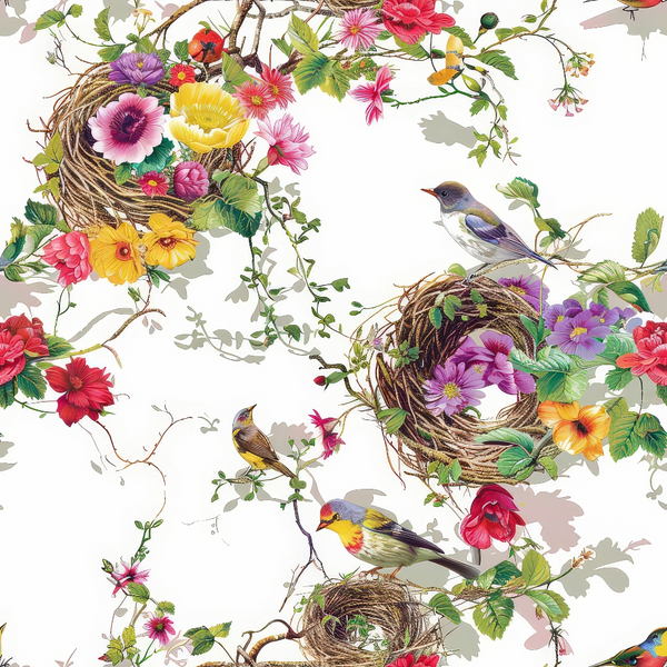 birds, nests, flowers, floral pattern, pink, yellow, purple, red, green, brown, white background,, fabric panel, songbirds, botanical, woven nests, colorful blooms, nature theme, spring motif, vibrant colors, garden birds, twigs, leaves