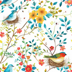 birds, nest, flowers, floral pattern, blue birds, yellow flowers, coral pink, teal leaves, branches, twigs, nature scene, spring motif, botanical design,, fabric panel, whimsical style, garden theme, songbirds, blooming flowers, cheerful colors