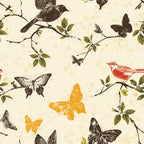 birds, butterflies, branches, leaves, cream background, orange butterflies, red bird, brown bird, black butterflies, vintage style, nature pattern,, fabric panel, botanical design, distressed texture, wildlife motif, earthy tones, flying birds, perched birds, natural elements