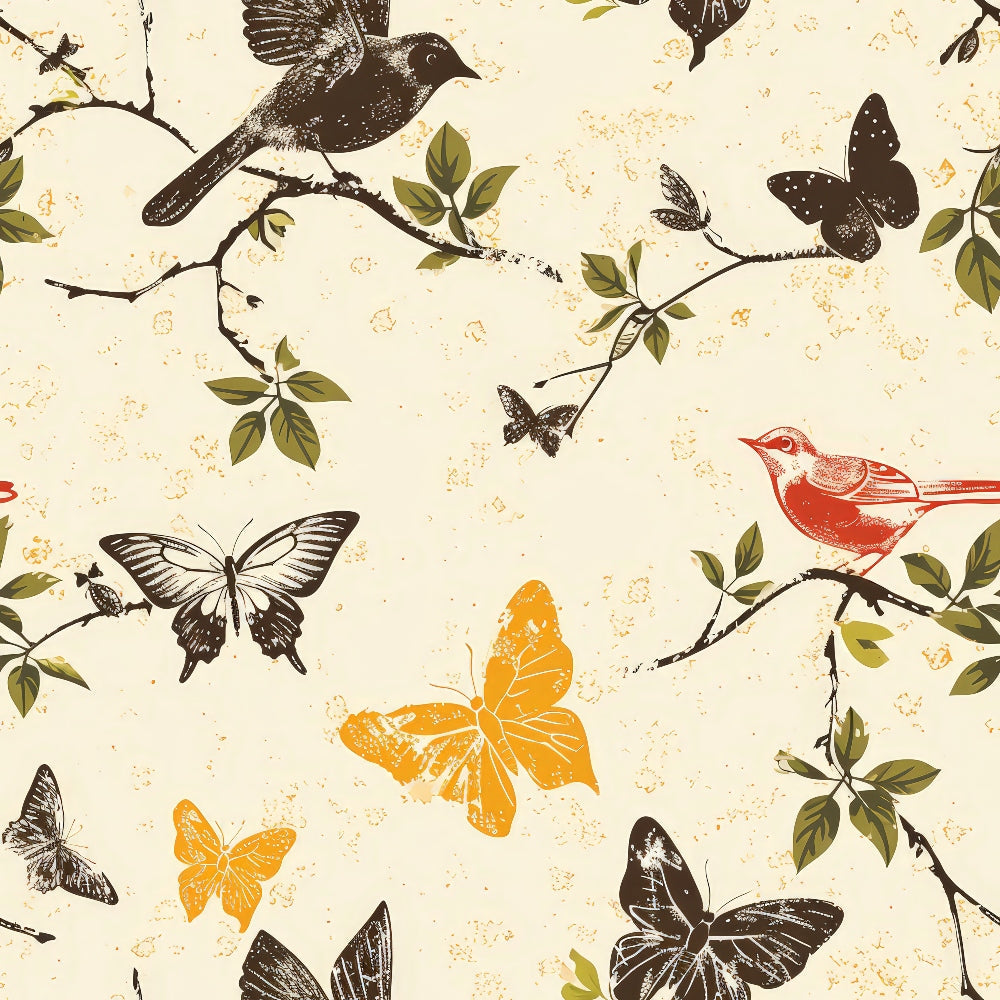birds, butterflies, branches, leaves, cream background, orange butterflies, red bird, brown bird, black butterflies, vintage style, nature pattern,, fabric panel, botanical design, distressed texture, wildlife motif, earthy tones, flying birds, perched birds, natural elements