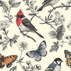 birds, branches, butterflies, flowers, botanical, vintage illustration, red cardinal, black white, orange butterfly, nature pattern,, fabric panel, detailed engravings, perched birds, floral elements, cream background, wildlife design, natural history, garden theme, monochromatic sketches