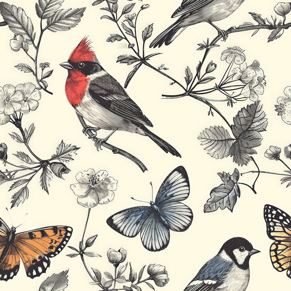 birds, branches, butterflies, flowers, botanical, vintage illustration, red cardinal, black white, orange butterfly, nature pattern,, fabric panel, detailed engravings, perched birds, floral elements, cream background, wildlife design, natural history, garden theme, monochromatic sketches