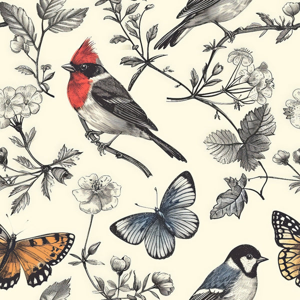 birds, branches, butterflies, flowers, botanical, vintage illustration, red cardinal, black white, orange butterfly, nature pattern,, fabric panel, detailed engravings, perched birds, floral elements, cream background, wildlife design, natural history, garden theme, monochromatic sketches